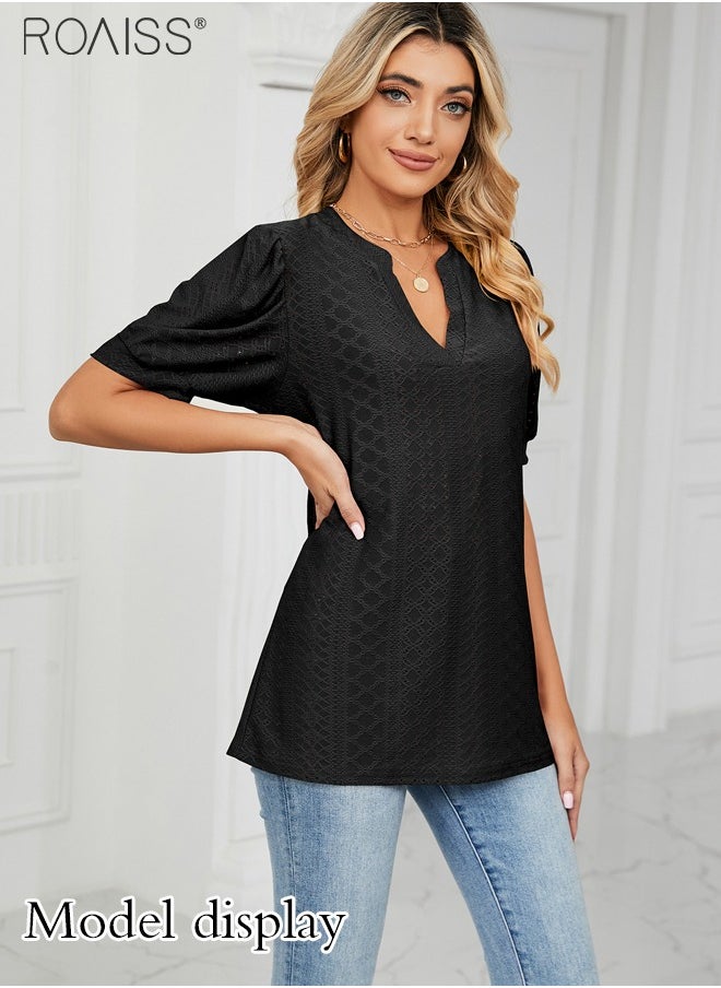 roaiss - Fashion V-Neck T-Shirt For Women'S Daily Commuting Puff Sleeve Hollow Pattern Versatile Version Pullover - Image 1