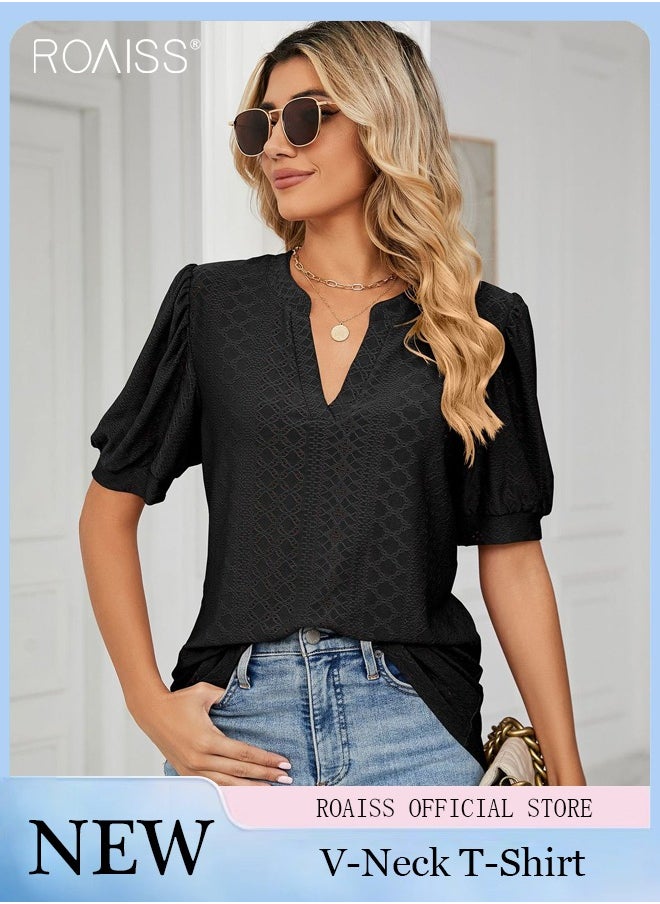 roaiss - Fashion V-Neck T-Shirt For Women'S Daily Commuting Puff Sleeve Hollow Pattern Versatile Version Pullover - Image 1