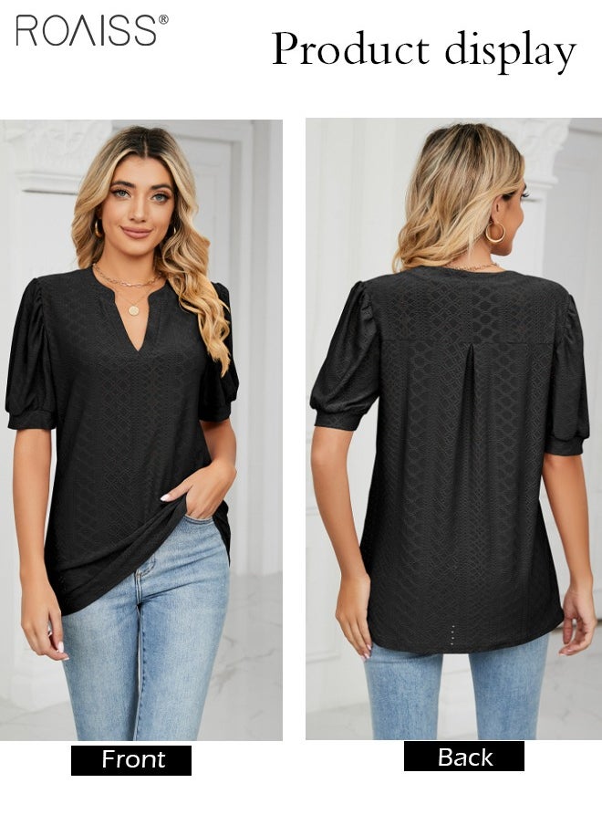 roaiss - Fashion V-Neck T-Shirt For Women'S Daily Commuting Puff Sleeve Hollow Pattern Versatile Version Pullover - Image 1