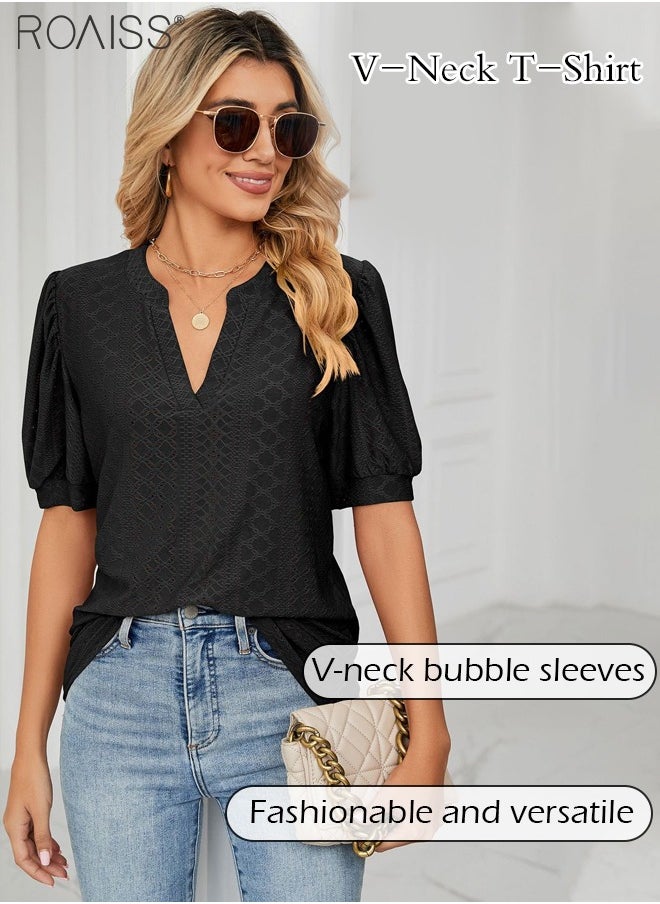 roaiss - Fashion V-Neck T-Shirt For Women'S Daily Commuting Puff Sleeve Hollow Pattern Versatile Version Pullover - Image 1
