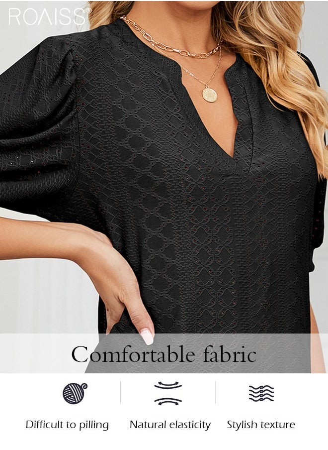 roaiss - Fashion V-Neck T-Shirt For Women'S Daily Commuting Puff Sleeve Hollow Pattern Versatile Version Pullover - Image 1