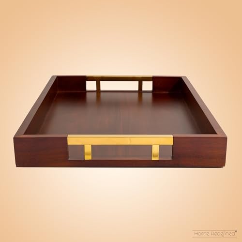 Home Redefined Acacia Wood Serving Tray with Polished Gold Stainless Steel Metal Handles, 17.5x12in, Ottoman Food Drinks Coffee Table, Breakfast, Dinner & Bar, Kitchen, Bedroom, Gift, Luxury Tray. Mens Display. - Image 4