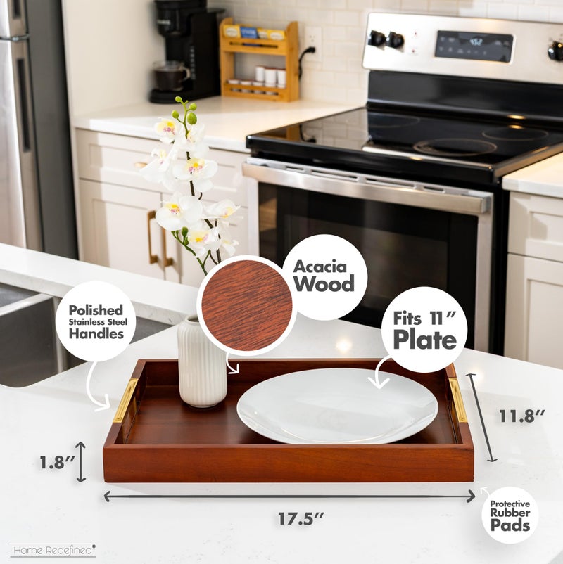 Home Redefined Acacia Wood Serving Tray with Polished Gold Stainless Steel Metal Handles, 17.5x12in, Ottoman Food Drinks Coffee Table, Breakfast, Dinner & Bar, Kitchen, Bedroom, Gift, Luxury Tray. Mens Display. - Image 3