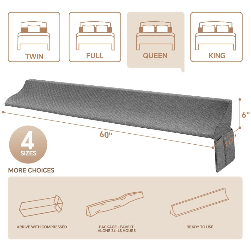 EUHAMS Queen Size Bed Wedge Pillow for Headboard Bed Gap Filller/Mattress Gap Filler (0-7") - Wedge Pillow Headboard Triangle Foam Pillows Wedges Between Headboards Mattress (Grey,60"x10"x6") - Image 4