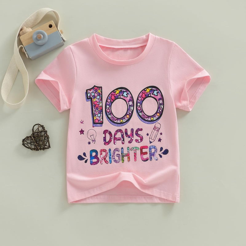 Douhoow Girls 100 Days of School Shirt Short Sleeve Toddler Girl Tops 100th Day of School Shirt Kids (Pink B, 7-8 Years) - Image 4