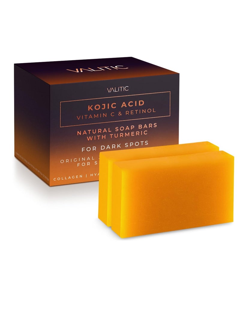 فاليتيك صابون حمض الكوجيك وفيتامين سي والريتينول، صابون لإزالة البقع الداكنة بالكركم، صابون ناعم ولطيف للعناية بالبشرة، مكونات آمنة وعضوية، صابون للجسم للعناية بالبشرة، (عبوة من قطعتين) - Image 1