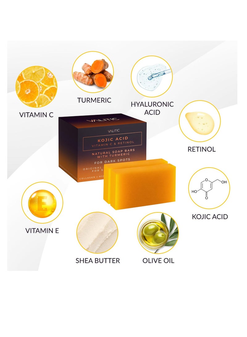 فاليتيك صابون حمض الكوجيك وفيتامين سي والريتينول، صابون لإزالة البقع الداكنة بالكركم، صابون ناعم ولطيف للعناية بالبشرة، مكونات آمنة وعضوية، صابون للجسم للعناية بالبشرة، (عبوة من قطعتين) - Image 2