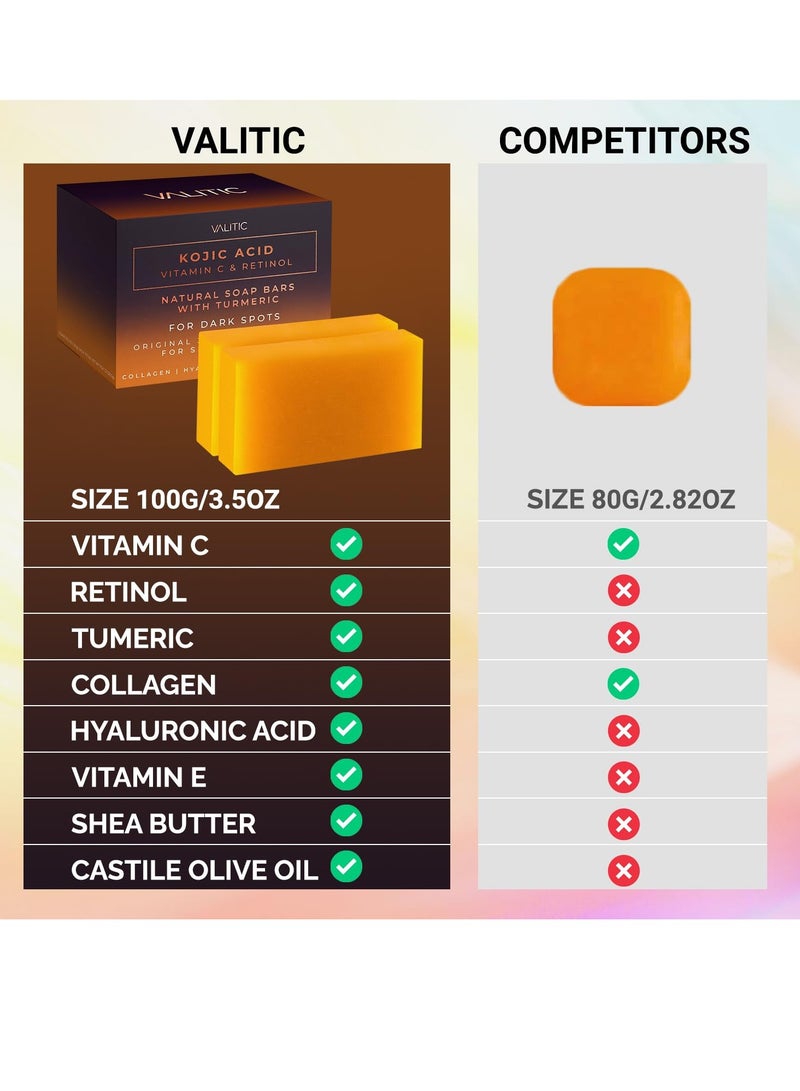 فاليتيك صابون حمض الكوجيك وفيتامين سي والريتينول، صابون لإزالة البقع الداكنة بالكركم، صابون ناعم ولطيف للعناية بالبشرة، مكونات آمنة وعضوية، صابون للجسم للعناية بالبشرة، (عبوة من قطعتين) - Image 5