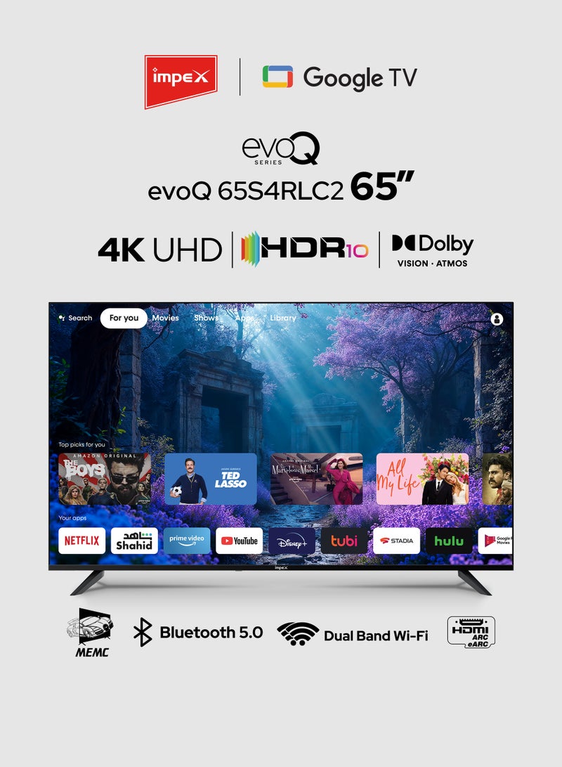 Impex 65 Inch 4K Ultra HD Smart LED Google TV With Free Wall Mount, Super Slim Design, Dolby Vision Atmos, Support Wi-Fi, Bluetooth, Optical, DVB T2/S2, HDMI ARC With eARC & USB Connectivity With Voice Remote EvoQ 65S4RLC2 Black - Image 1