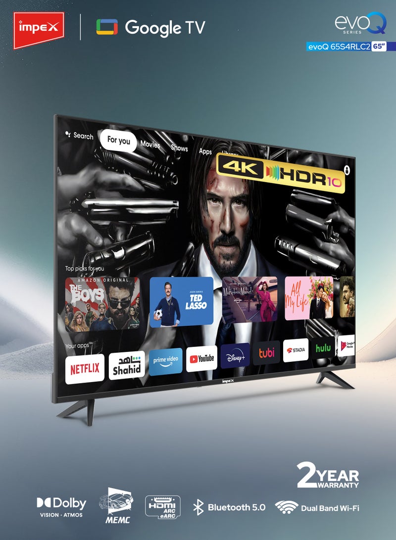 Impex 65 Inch 4K Ultra HD Smart LED Google TV With Free Wall Mount, Super Slim Design, Dolby Vision Atmos, Support Wi-Fi, Bluetooth, Optical, DVB T2/S2, HDMI ARC With eARC & USB Connectivity With Voice Remote EvoQ 65S4RLC2 Black - Image 2