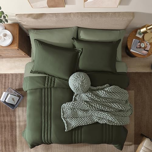 Monbix Queen Comforter Set - 7 Pieces Olive Green Bed in a Bag Queen Bedding Sets with Comforters, All Seasons Down Alternative Comforter Bed Set with Sheets, Pillowcases & Shams - Image 2