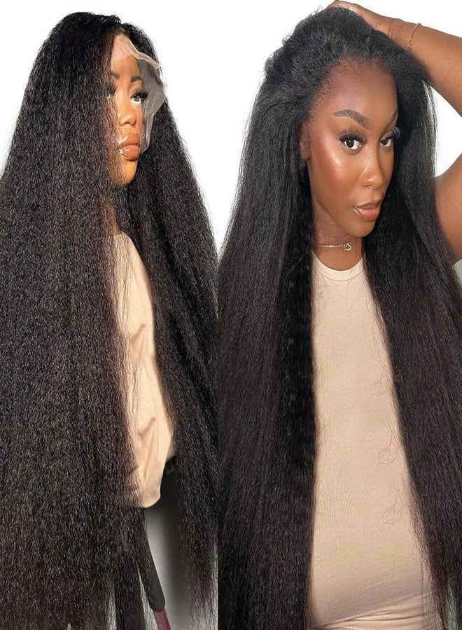HC 13x6 Kinky Straight Human Hair Wig 180% Density HD Transparent Glueless Lace Front Wigs Human Hair Pre Plucked with Baby Hair Natural Hairline Yaki Straight Human Hair Wigs For Black Women 24inch - Image 1