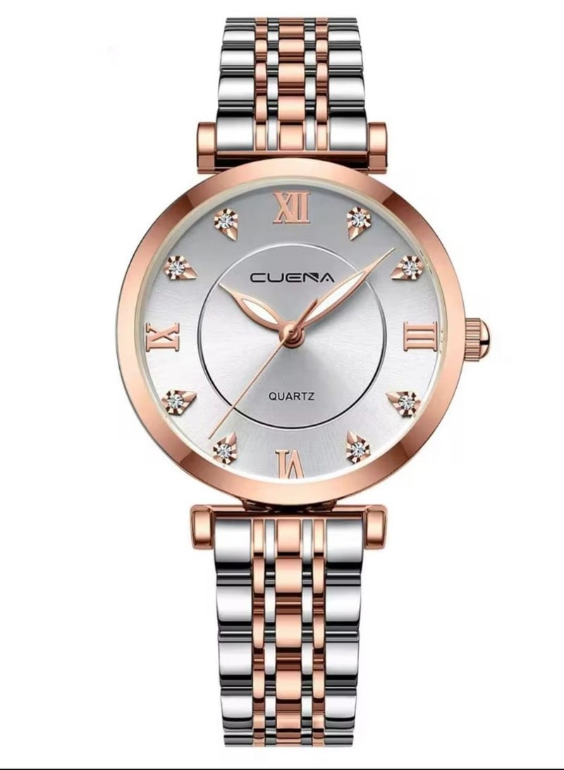 كوينا ساعة يد نسائية، بسوار بلونين، ساعة كوارتز أنالوج دائرية بأرقام رومانية مرصعة بالكريستال، بسوار معدني من الستانلس ستيل – ساعة يد أنيقة للنساء (ذهبي وردي وفضي) - Image 1