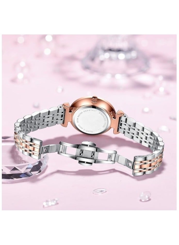 كوينا ساعة يد نسائية، بسوار بلونين، ساعة كوارتز أنالوج دائرية بأرقام رومانية مرصعة بالكريستال، بسوار معدني من الستانلس ستيل – ساعة يد أنيقة للنساء (ذهبي وردي وفضي) - Image 4