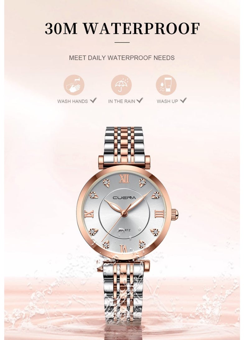 كوينا ساعة يد نسائية، بسوار بلونين، ساعة كوارتز أنالوج دائرية بأرقام رومانية مرصعة بالكريستال، بسوار معدني من الستانلس ستيل – ساعة يد أنيقة للنساء (ذهبي وردي وفضي) - Image 5