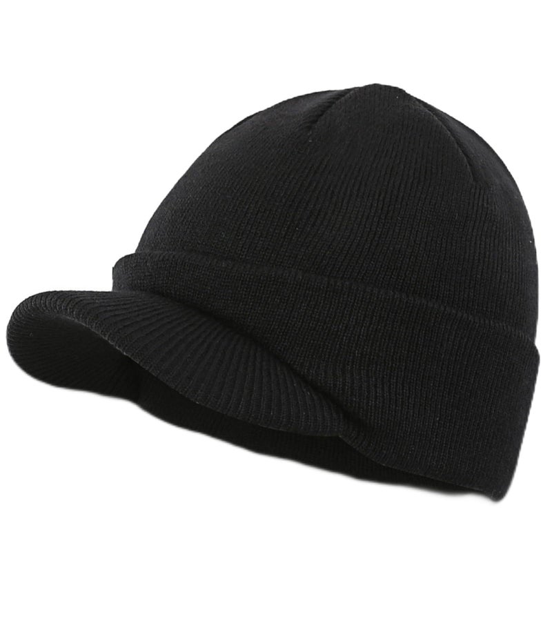 Home Prefer Men's Beanie Hat for Winter Knitted Hat with Bill Daily Beanie Cap Black - Image 1