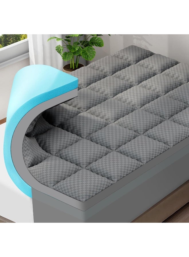 OLANLY Dual-Layer 4 Inch Full Size Memory Foam Mattress Topper for Back Pain, 2 Inch Cooling Pillow Top Mattress Pad Cover and 2 Inch Gel Memory Foam Topper, Deep Elastic Pocket, Grey - Image 1