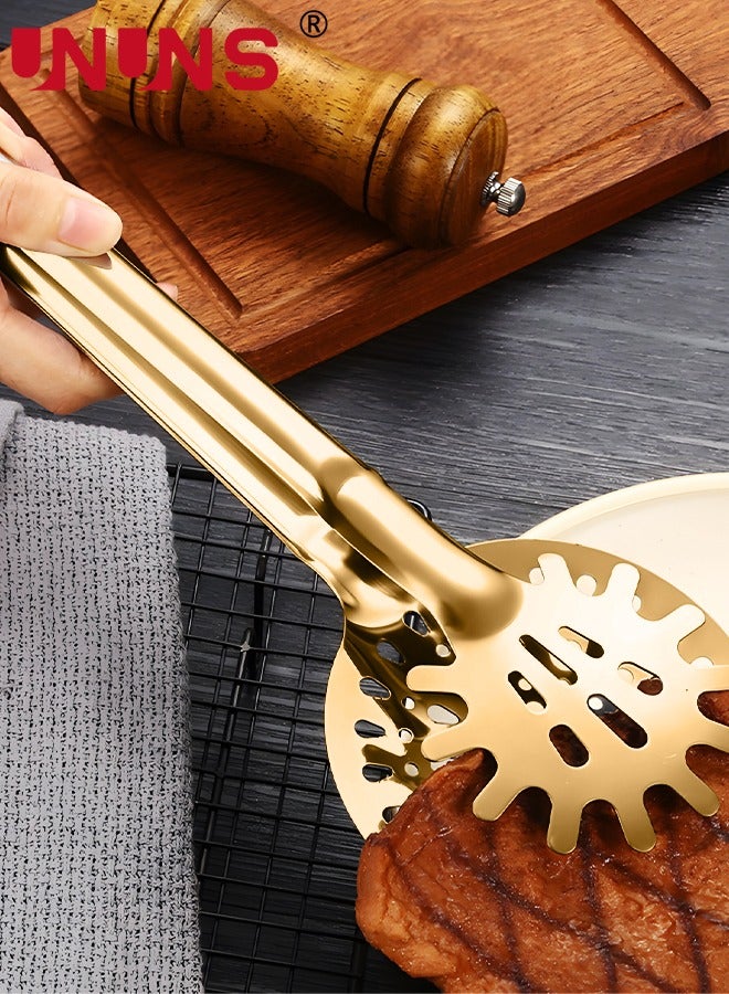 يو إن يو إن أس مجموعة ملاقط المطبخ، 2 ملاقط مطبخ من الفولاذ المقاوم للصدأ مع فلتر شاشة، قفل ملاقط الشواء المعدنية لأواني الطبخ والشواء، ذهبي - Image 2