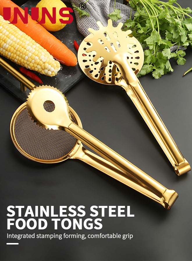 يو إن يو إن أس مجموعة ملاقط المطبخ، 2 ملاقط مطبخ من الفولاذ المقاوم للصدأ مع فلتر شاشة، قفل ملاقط الشواء المعدنية لأواني الطبخ والشواء، ذهبي - Image 3