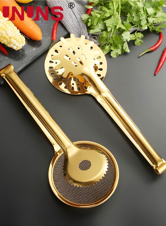 يو إن يو إن أس مجموعة ملاقط المطبخ، 2 ملاقط مطبخ من الفولاذ المقاوم للصدأ مع فلتر شاشة، قفل ملاقط الشواء المعدنية لأواني الطبخ والشواء، ذهبي - Image 1