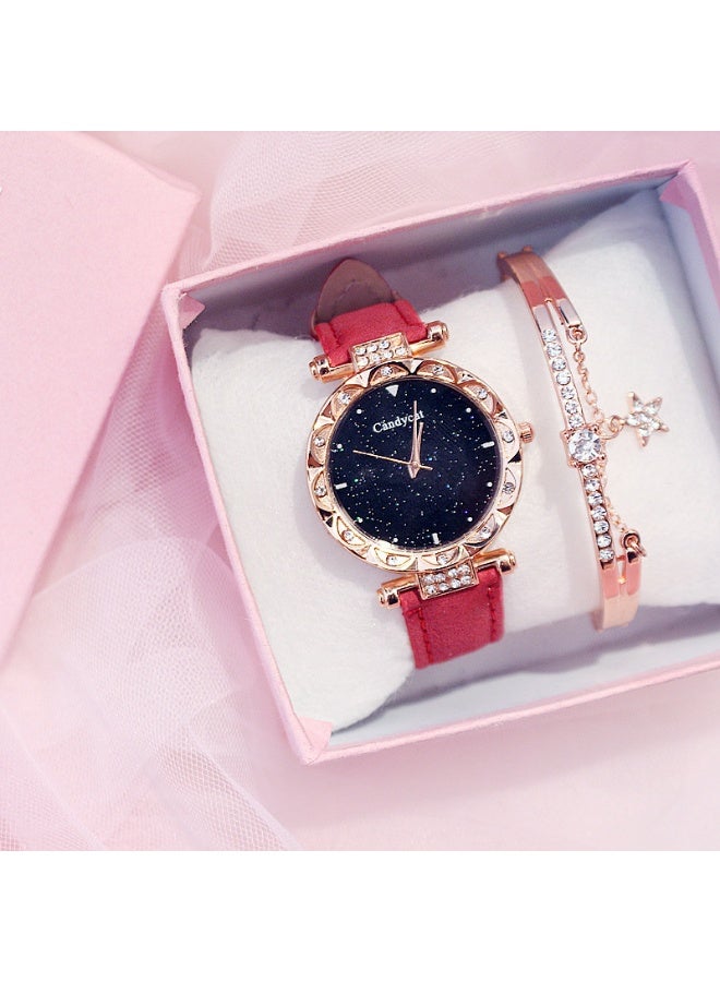 Ladies' diamond studded watch and bracelet set, fashionable and minimalist dial belt, quartz watch, star bracelet gift set - Image 1