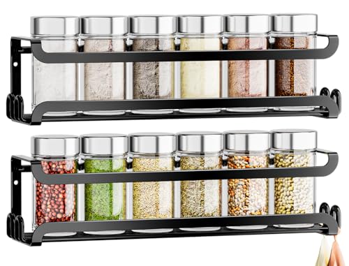 LUCYCAZ 2 Pack Wall Mounted Spice Rack with 8 Hooks Spice Organizer Shelf for Stove Cabinet Pantry DoorScrew or Adhesive Spice Shelf Hanging Wall Spice Rack in Kitchen and RV Black 2 PACK - Image 1