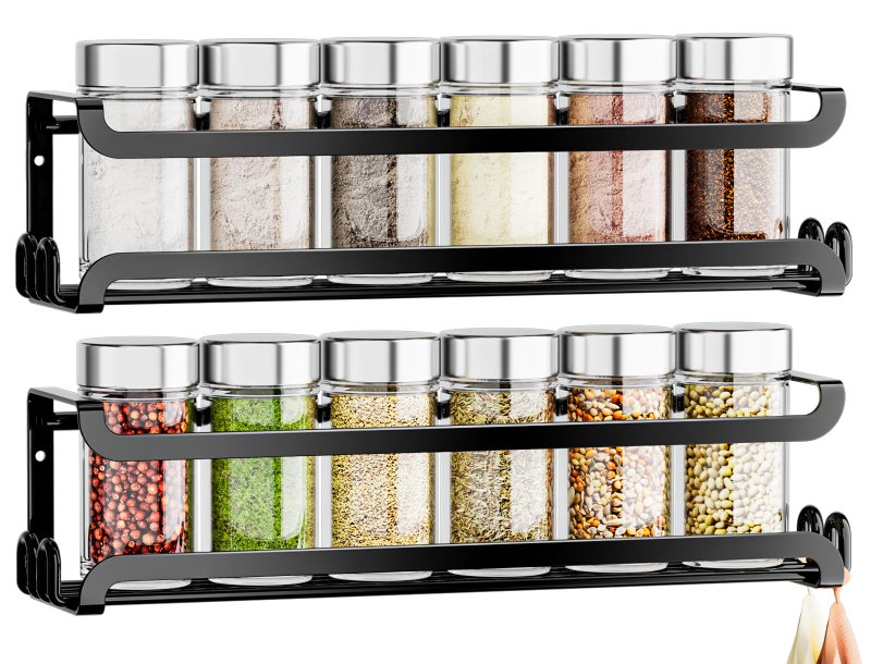 LUCYCAZ 2 Pack Wall Mounted Spice Rack with 8 Hooks Spice Organizer Shelf for Stove Cabinet Pantry DoorScrew or Adhesive Spice Shelf Hanging Wall Spice Rack in Kitchen and RV Black 2 PACK - Image 2