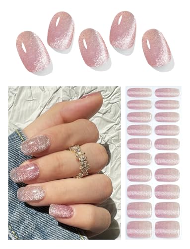 Wahrshei Semi Cured Gel Nail Strips, Nude Pink Cat Eye Gradient 20pcs UV Gel Nails Sticker, Nail Wraps UV for Home Nails DIY - Image 1