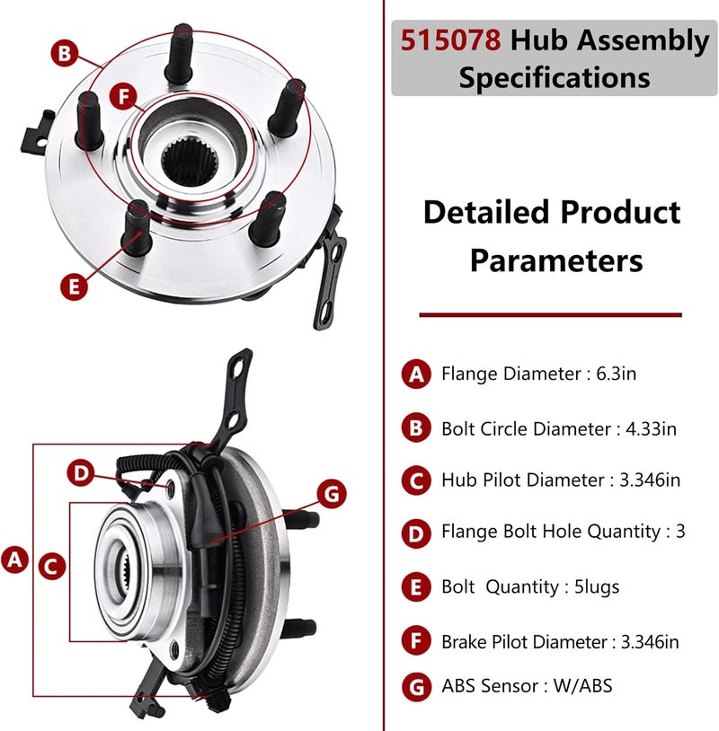 JLEO Front Wheel Bearing and Hub Assembly for 2006-2010 Ford Explorer, Sport Trac, and Mercury Mountaineer - 5 Lugs with ABS 515078 - Image 2
