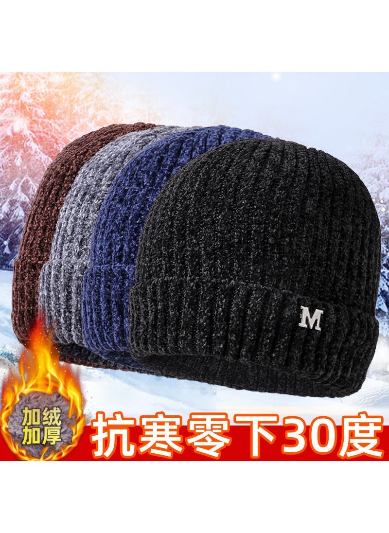 Generic - New Knitted Hat Mens Winter fleece-lined Thickened Warm Wool Hat Cycling Cold-proof Ear Protection Hat Pullover Cotton Hat Brown - Image 1
