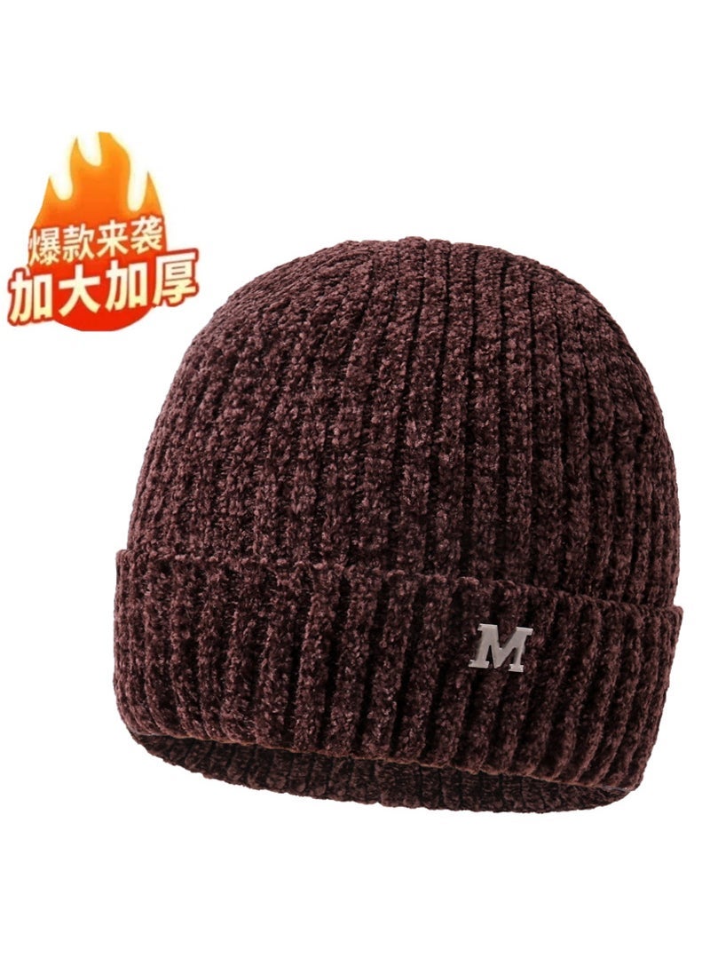 Generic - New Knitted Hat Mens Winter fleece-lined Thickened Warm Wool Hat Cycling Cold-proof Ear Protection Hat Pullover Cotton Hat Brown - Image 1