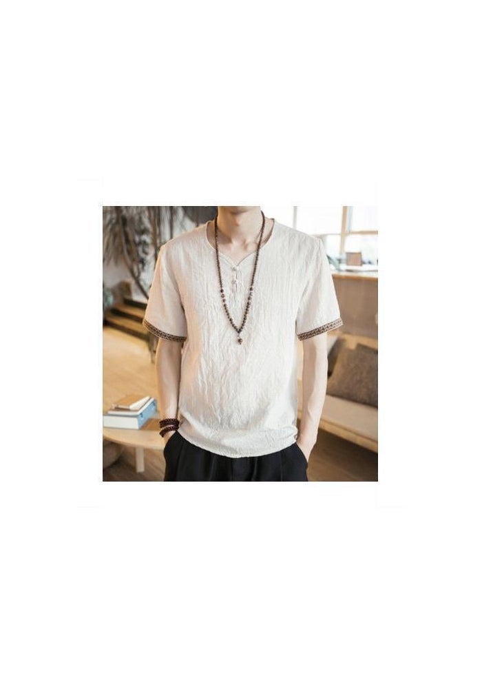 Summer New Chinese Style Men's Faux Linen Cotton Thin Short-sleeved T-shirt Men's Chinese Style Button Ethnic Retro Style - Image 1