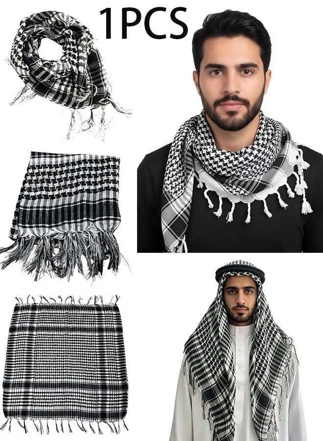 Happy D Desert Shemagh Scarf, Traditional Arab Head and Neck Wrap, Black and White Pattern, Unisex Palestine Scarf 100cm×100cm - Image 1
