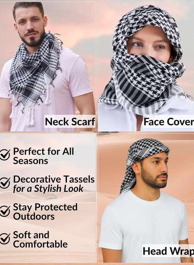 Happy D Desert Shemagh Scarf, Traditional Arab Head and Neck Wrap, Black and White Pattern, Unisex Palestine Scarf 100cm×100cm - Image 4