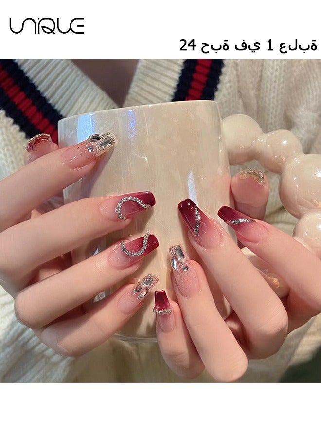 Unique 24Pcs Fake Nails, Press Nails, Mid-length Ballet Manicure - Chain - Heart Diamond Manicure - Gradient Red Shiny Diamond Manicure - Fake Nail Patch - Image 1