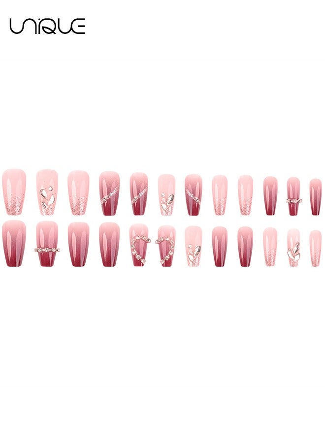 Unique 24Pcs Fake Nails, Press Nails, Mid-length Ballet Manicure - Chain - Heart Diamond Manicure - Gradient Red Shiny Diamond Manicure - Fake Nail Patch - Image 5