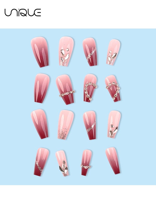 Unique 24Pcs Fake Nails, Press Nails, Mid-length Ballet Manicure - Chain - Heart Diamond Manicure - Gradient Red Shiny Diamond Manicure - Fake Nail Patch - Image 3