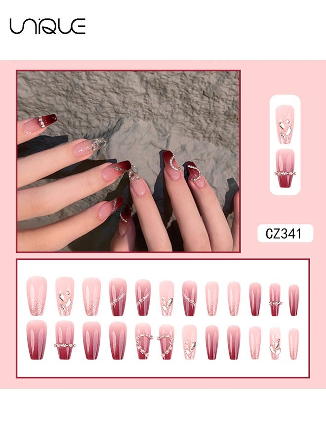 Unique 24Pcs Fake Nails, Press Nails, Mid-length Ballet Manicure - Chain - Heart Diamond Manicure - Gradient Red Shiny Diamond Manicure - Fake Nail Patch - Image 2