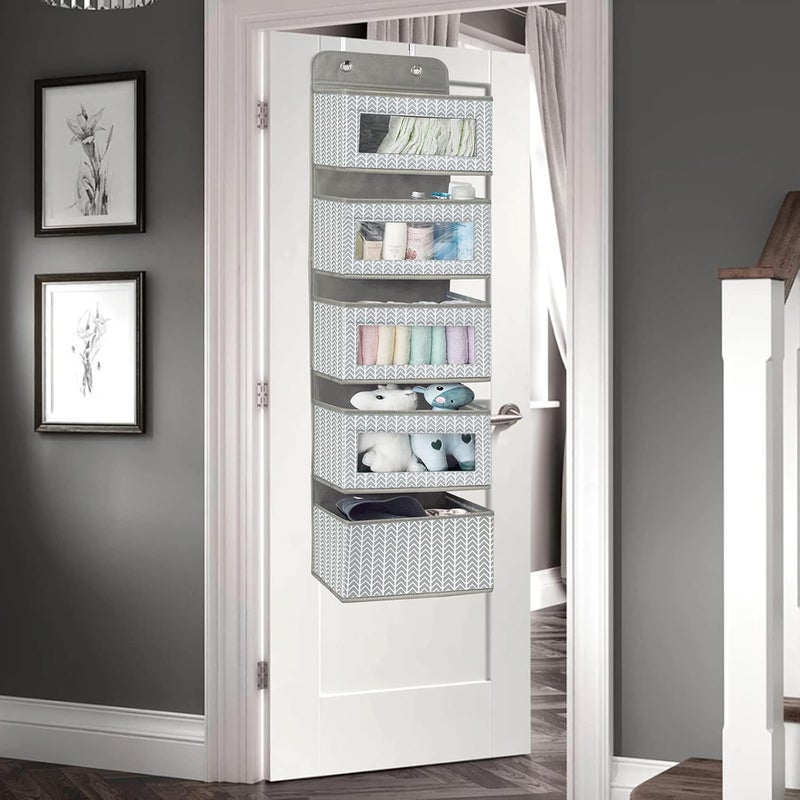 VERONLY Over The Door Hanging Organizer with 5 Large Pockets - Wall Mount Pantry Storage with Clear PVC Window & 2 Big Metal Hooks for Closet,Bathroom,Nursery,Bedroom,Dorm,Baby Diapers,Kids Toys (Gray) - Image 2