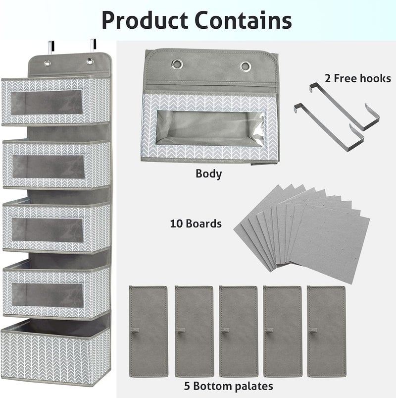 VERONLY Over The Door Hanging Organizer with 5 Large Pockets - Wall Mount Pantry Storage with Clear PVC Window & 2 Big Metal Hooks for Closet,Bathroom,Nursery,Bedroom,Dorm,Baby Diapers,Kids Toys (Gray) - Image 5