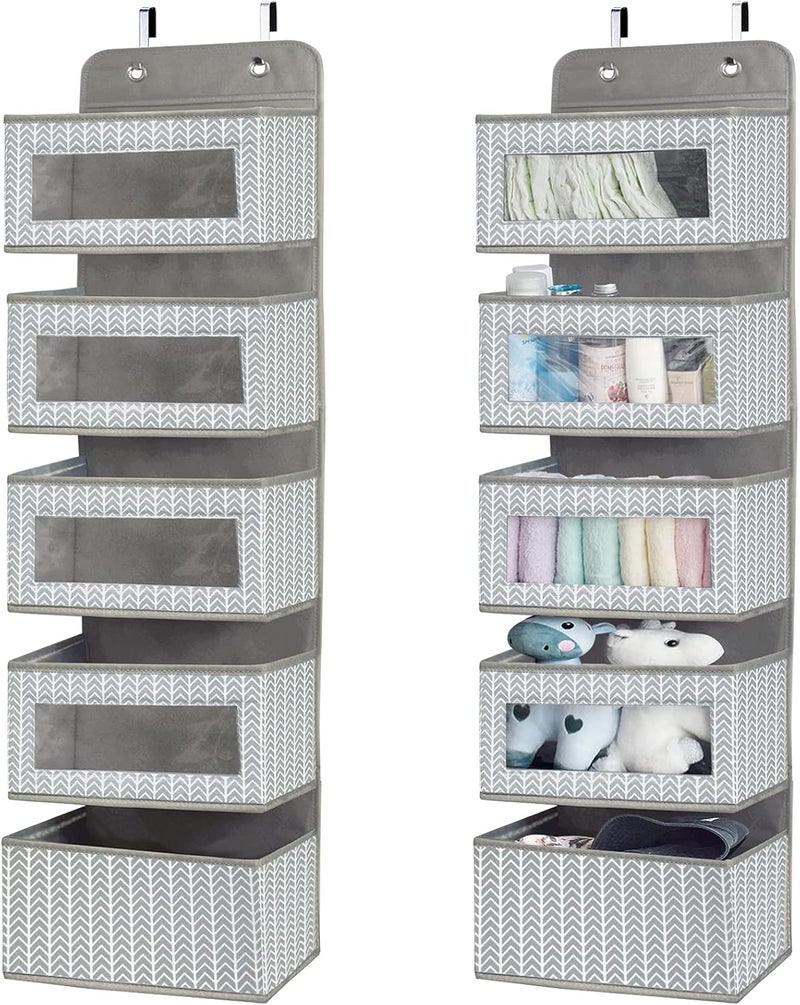 VERONLY Over The Door Hanging Organizer with 5 Large Pockets - Wall Mount Pantry Storage with Clear PVC Window & 2 Big Metal Hooks for Closet,Bathroom,Nursery,Bedroom,Dorm,Baby Diapers,Kids Toys (Gray) - Image 1