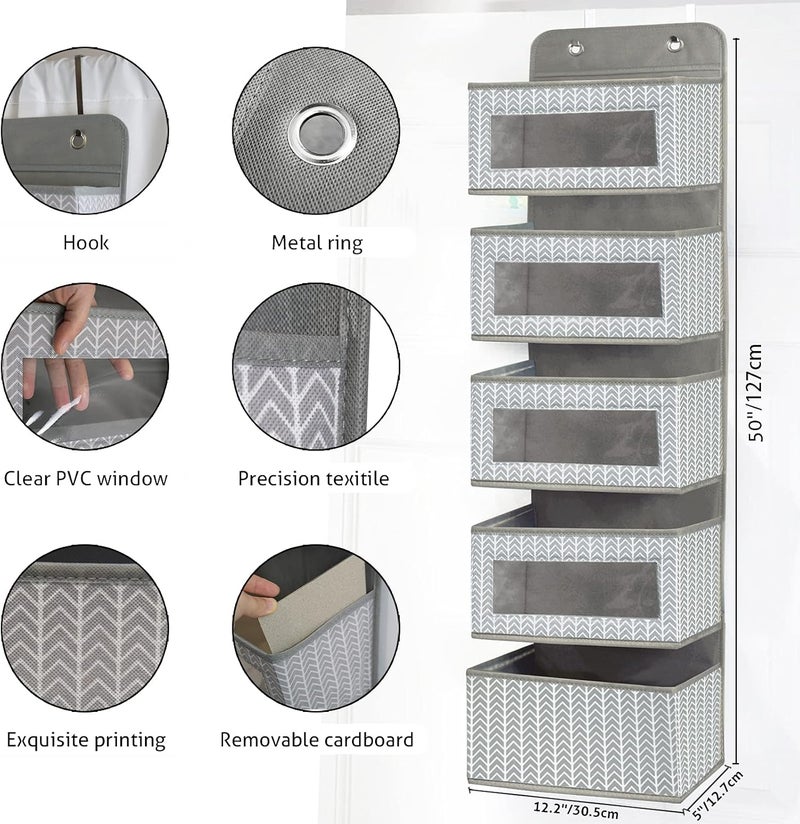 VERONLY Over The Door Hanging Organizer with 5 Large Pockets - Wall Mount Pantry Storage with Clear PVC Window & 2 Big Metal Hooks for Closet,Bathroom,Nursery,Bedroom,Dorm,Baby Diapers,Kids Toys (Gray) - Image 3