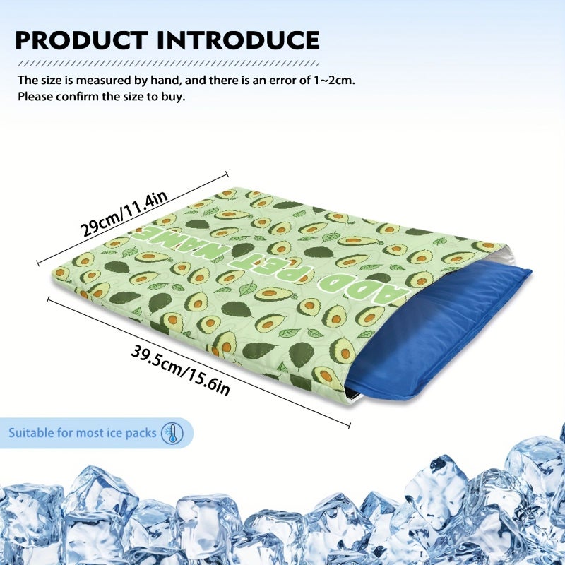 1pc Personalized Cooling Mat for Dogs Cats 15.55x11.42 Inch Avocado Print Washable Self Cooling Pet Pad with Custom Pet Name Style B Hot Summer - Image 1