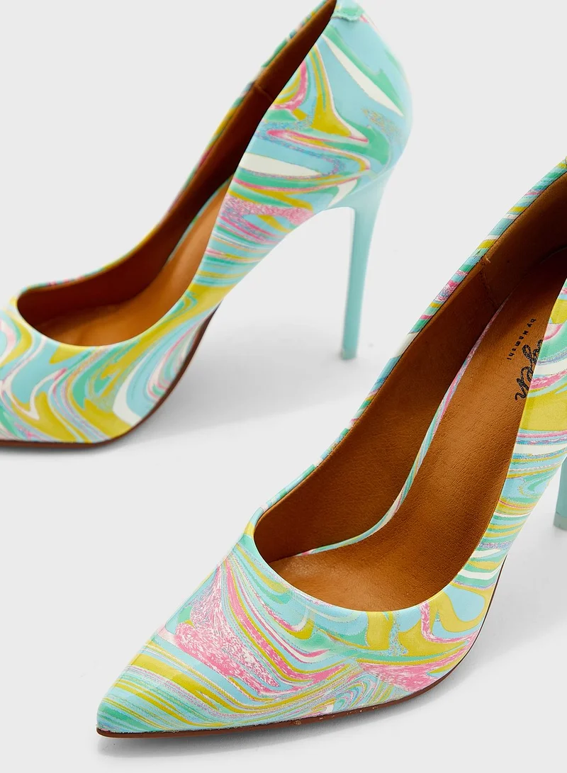 Ginger Multi-Colour Print Pointed Pump Blue
