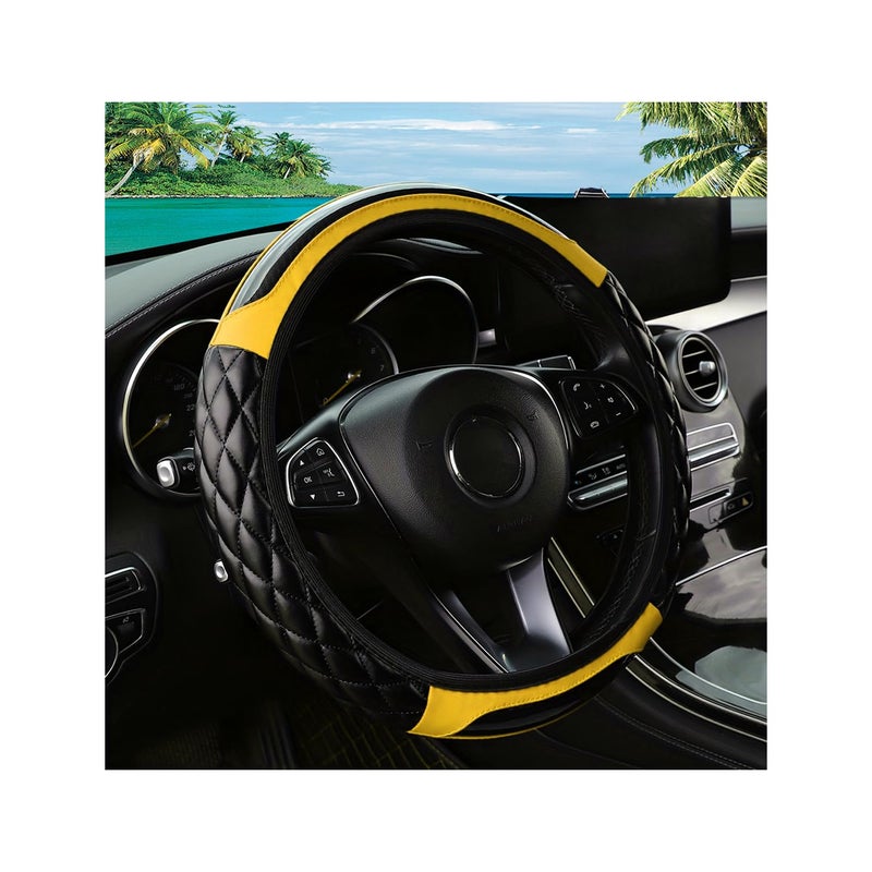 Couslcd Car Steering Wheel Cover 14515inch Leather AntiSlip Car Wheel Cover Protector Safety Comfortable Desgin Universal Auto Steering Wheels Accessories for Cars Truck SUV Yellow - Image 3