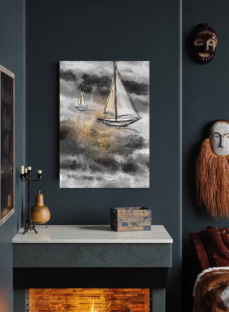 لوحة كانفاس على إطار خشبي، تصميم مراكب على موج البحر، للمنزل، غرفة المعيشة، المكتب، الديكور - Image 1