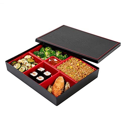 Restaurantware-12.2 x 9.8 x 2.4 Inch Compartment Lunch Container, 1 Japanese Style Adult Lunch Container - With 6 Compartments, Greaseproof, Black & Red Plastic Divided Meal Box, Hot & Cold Food - Image 1