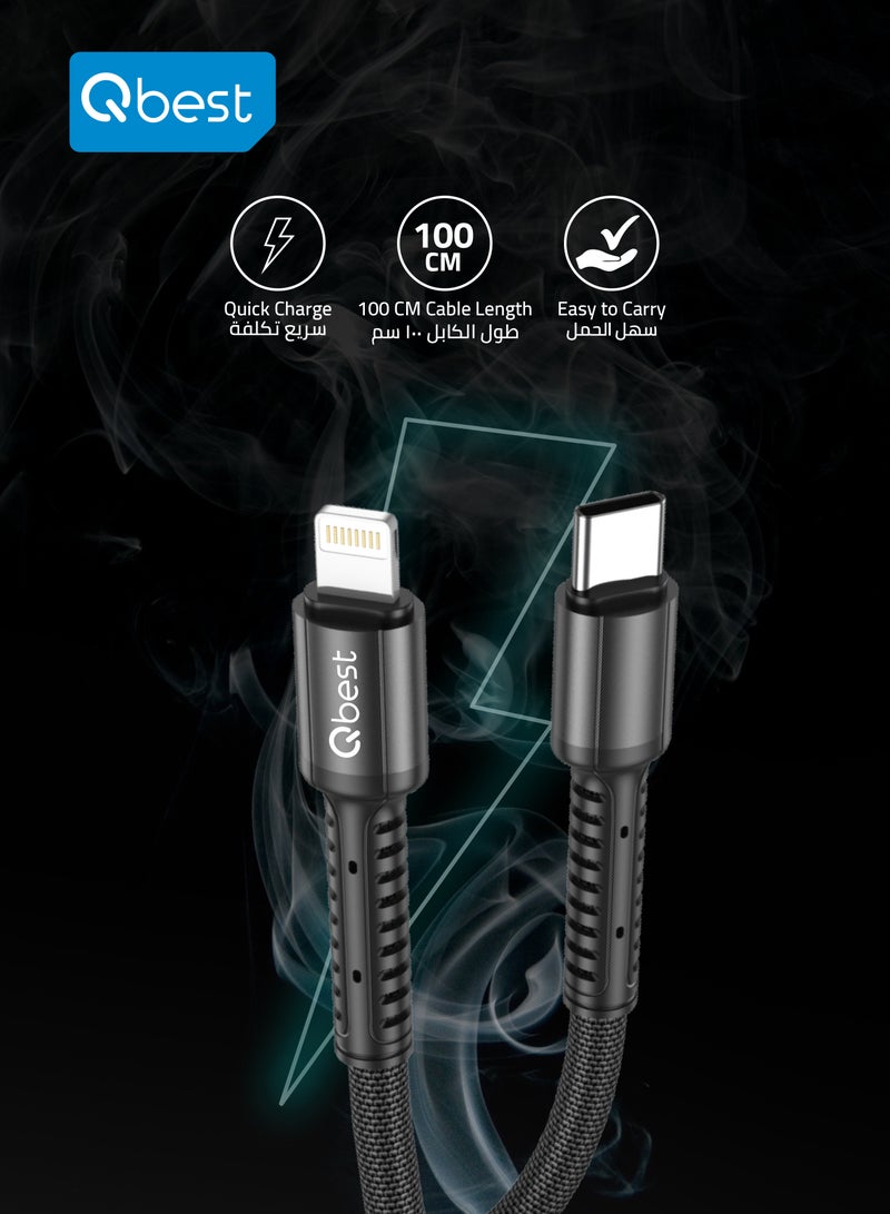 Qbest 20W Nylon Fast Charging USB Type C to Lightning Cable 1M - High-Speed Data Transfer, Durable Design for iPhone and iPad - Black - Image 5