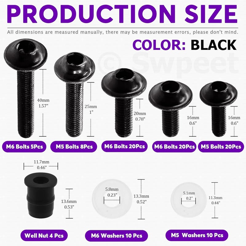 Swpeet 177Pcs 2 Sizes M5 M6 Motorcycle Fairing Bolt Assortment Kit, Motorcycle Windscreen Screws Fasteners Fixing Sportbike Bolts Fairing for All Models & Years Sport Bikes (Black) - Image 2