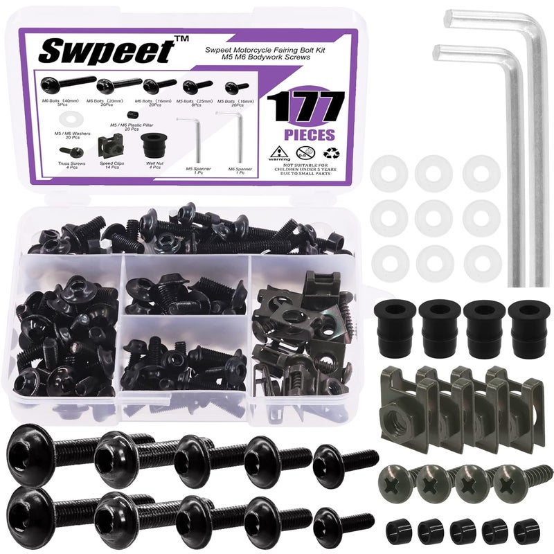 Swpeet 177Pcs 2 Sizes M5 M6 Motorcycle Fairing Bolt Assortment Kit, Motorcycle Windscreen Screws Fasteners Fixing Sportbike Bolts Fairing for All Models & Years Sport Bikes (Black) - Image 1